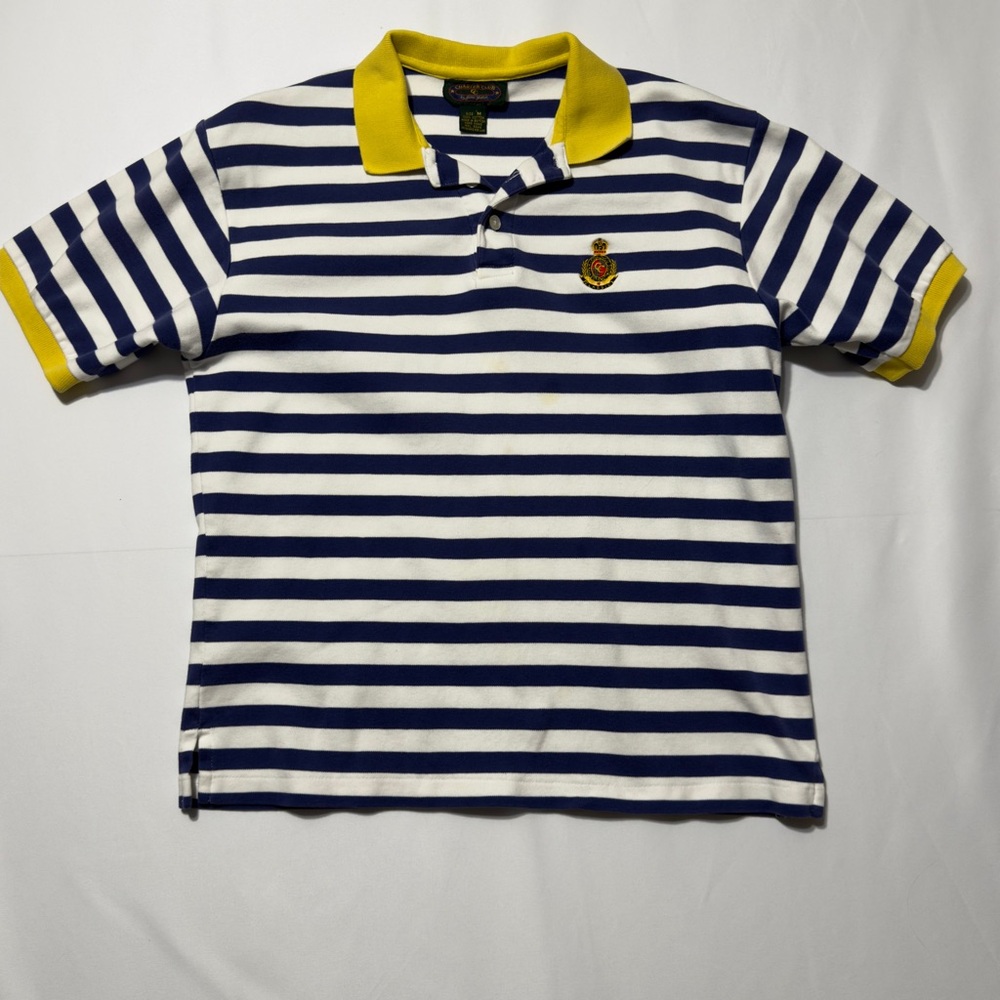 Charter Club Blue &‎ White Boys M Striped Polo Shirt Yellow Accents Excellent